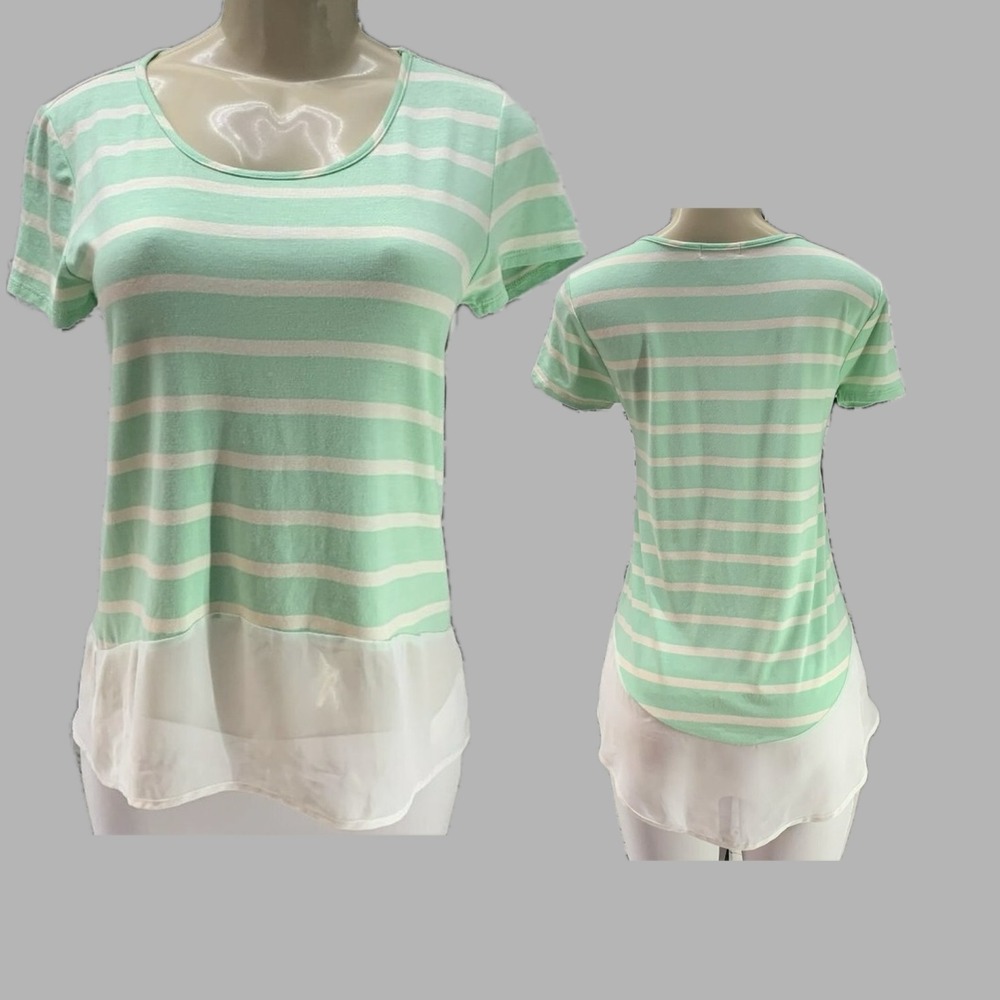 Cha Cha Vente M Mint Green White Striped Sheer Chiffon Hemline Top Short Sleeve